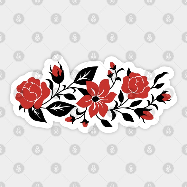 Print with Red Rose and Mallow Inspired by Ukrainian Traditional Embroidery Sticker by lissantee